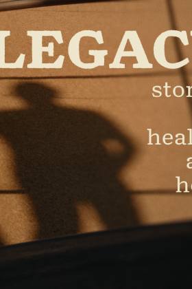 Legacy film poster with cowboy shadow and words stories of healing hope