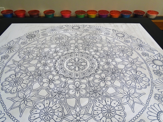 The beautiful community sand painting outline is courtesy of artist Johanna Basford from her inky adventure coloring book, Secret Garden.