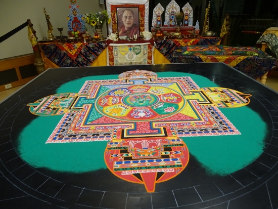 The Drepung Loseling monks' Green Tara sand mandala at the end of three days of painting.