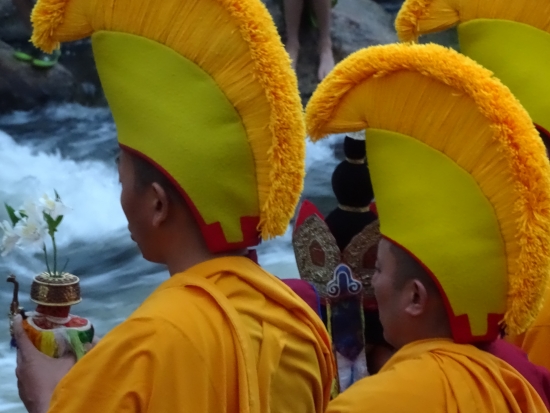 The monks and the mandala arrive at the water's edge in front of the Yampa River's rushing  C-Hole.